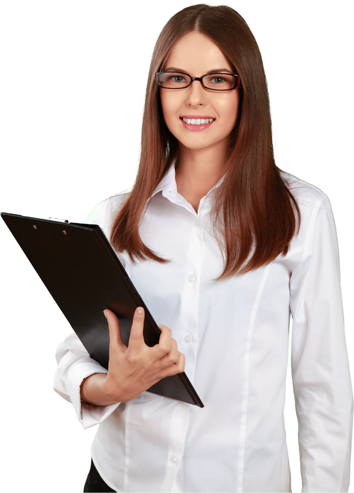Woman in white shirt holding black clipboard.